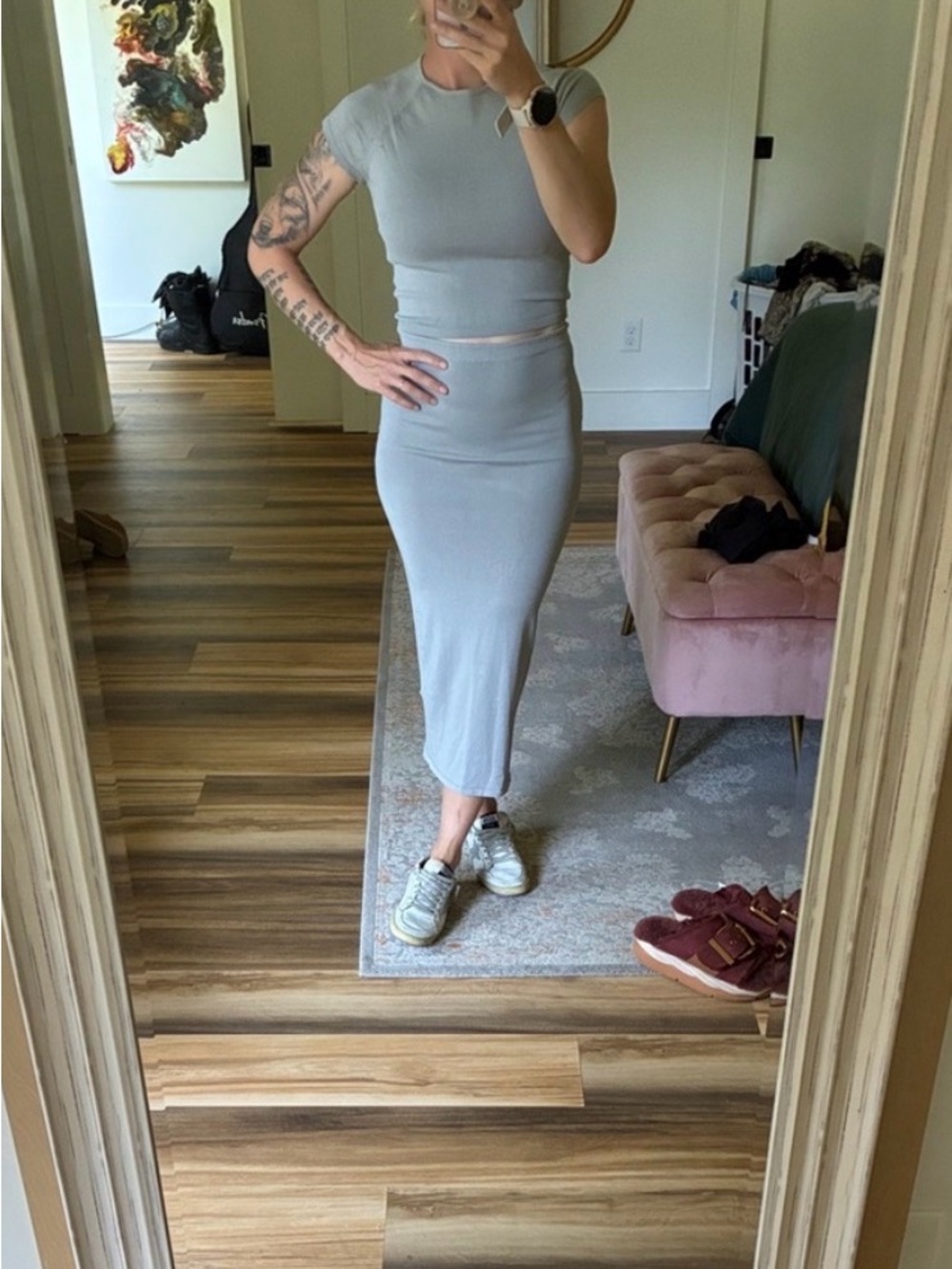 ZARA 2 Piece Set NWOT Gray Ribbed Midi Skirt (Small) & Top (Medium)